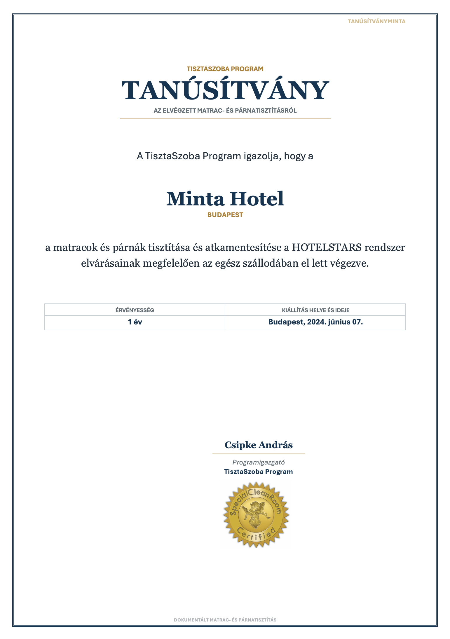 TisztaSzoba Program Tanúsítvány minta